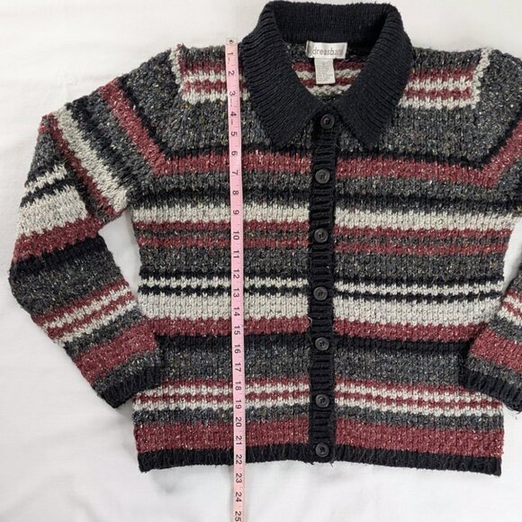 VTG Maroon Black Gray Stripe Chunky Knit Cotton Wool Button Up Collared Sweater - Picture 4 of 6